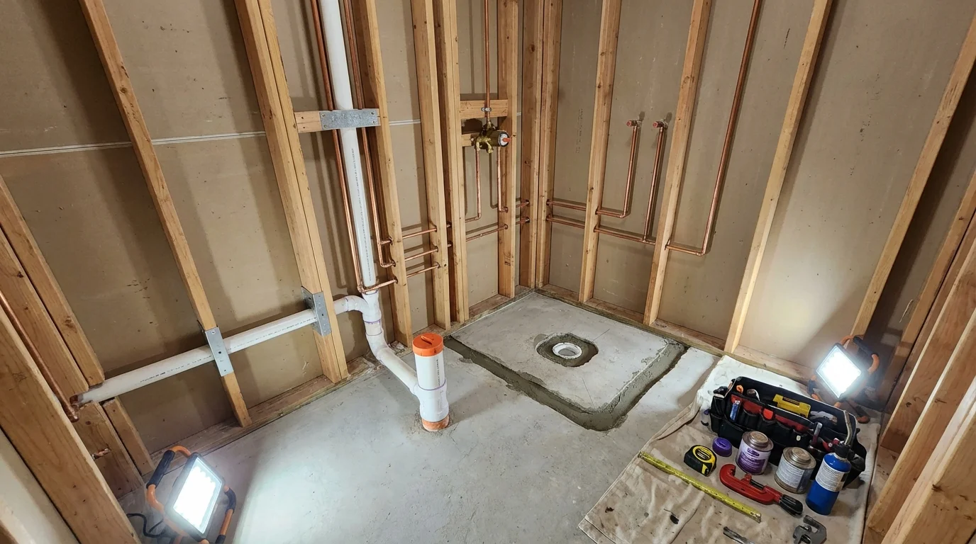 Bathroom rough-in plumbing during remodel by Johns Plumbing LLC in Fernandina Beach