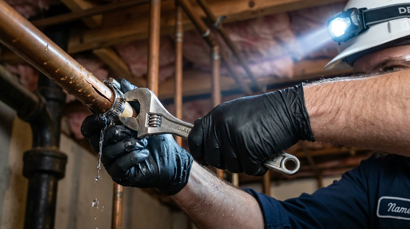 Emergency pipe clamp repair being performed by a Johns Plumbing LLC plumber in Fernandina Beach