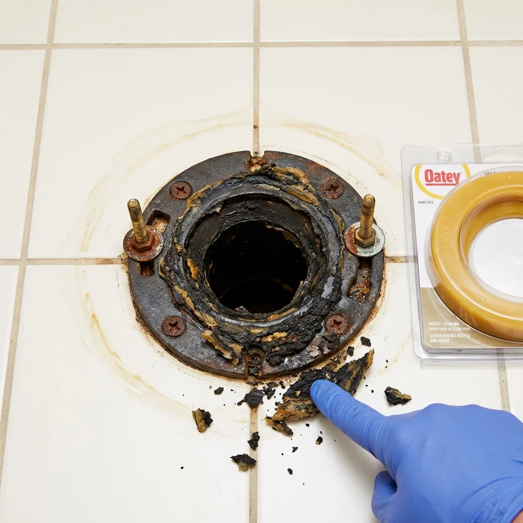 Failed wax ring showing water seepage at the base of a toilet in a Fernandina Beach, FL home